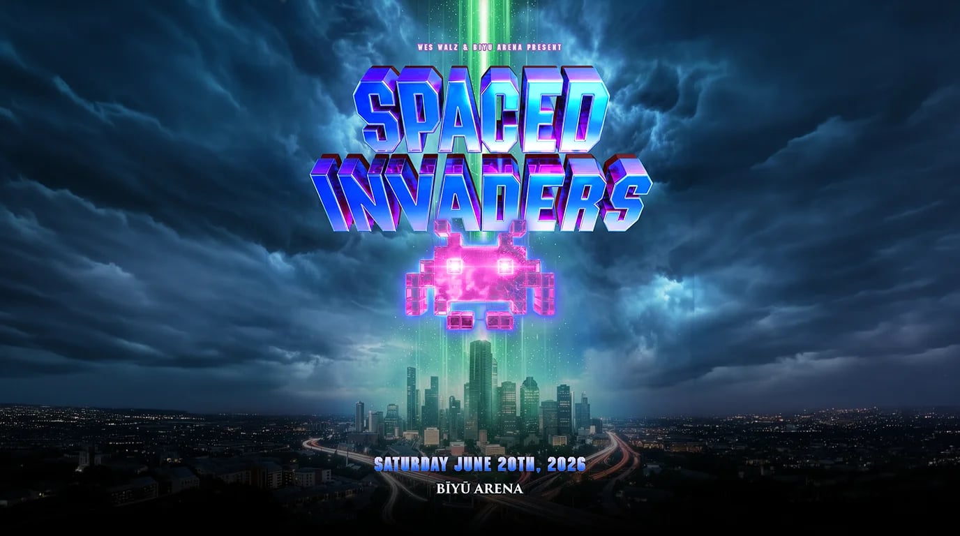 Spaced Invaders flyer - EDM rave at BIYU Arena in Houston, Saturday June 20, 2026, 10 PM to 4 AM